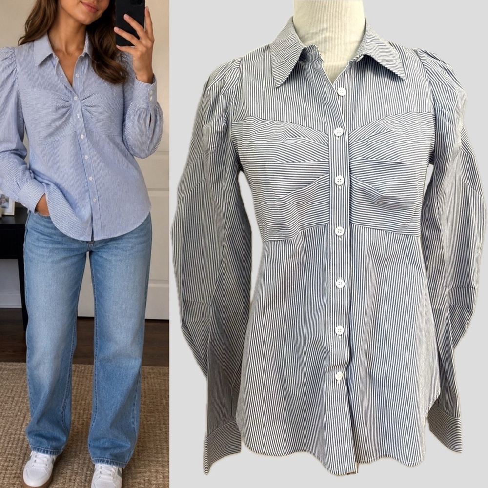 Veronica Beard Candice Puff Sleeve Blue and White Striped Blouse - Size 8
